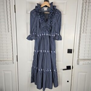 Gretchen Scott Maxi Dress XS Ruffle Neck Navy Blue Boho Tiered Peasant feminine‎